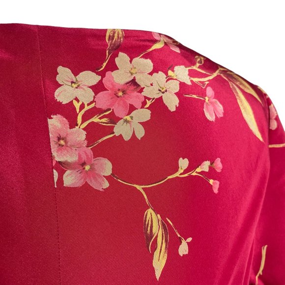 100% Silk Floral Dress 14 Maxi Long V-Neck Short Sleeve Satin Georgette Red - Picture 8 of 16